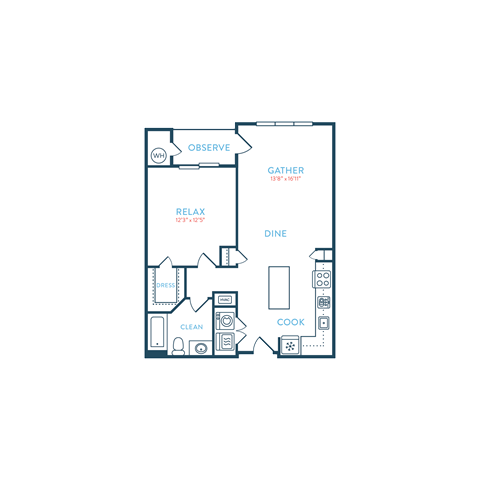 Floor plan for 1 bed, 1 bath, 768 sqft